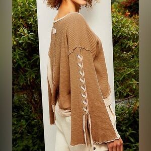 POL Lace-Up Sleeve Color Block Ribbed Knit Top